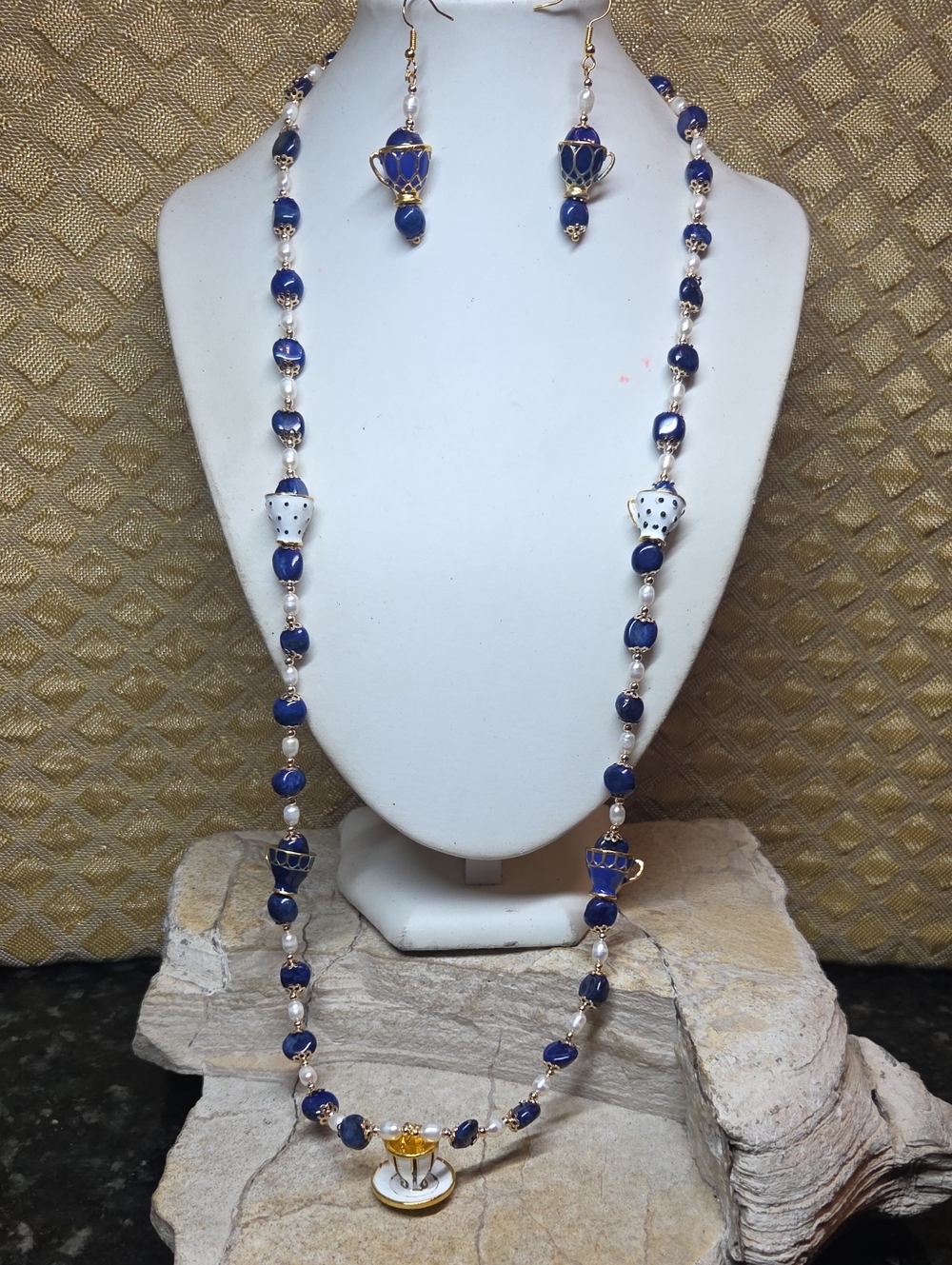 Enamel Teacup Lapis Lazuli Freshwater Pearl Women's Necklace & Earrings Set